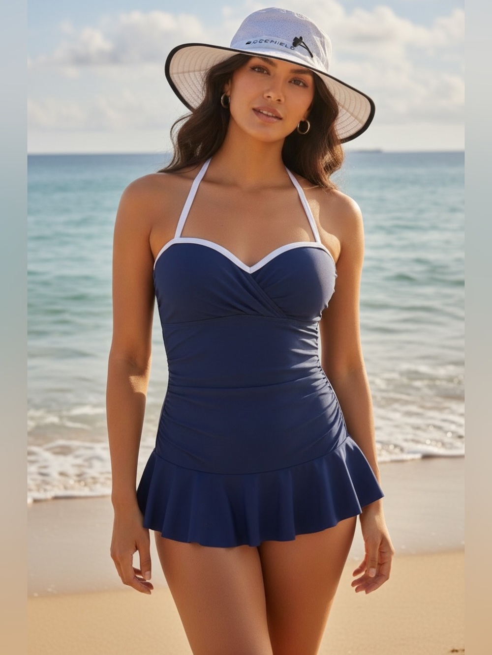 Lauren Ralph Lauren Navy and White Ruffled Halter One-Piece Swimsuit